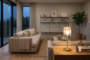 Une lampe de salon au design minimaliste diffuse une lumière chaleureuse dans un intérieur premium. L’image évoque le confort du soir, la lecture et une ambiance apaisante sans effet technique.