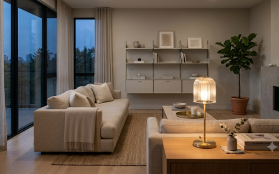 Une lampe de salon au design minimaliste diffuse une lumière chaleureuse dans un intérieur premium. L’image évoque le confort du soir, la lecture et une ambiance apaisante sans effet technique.