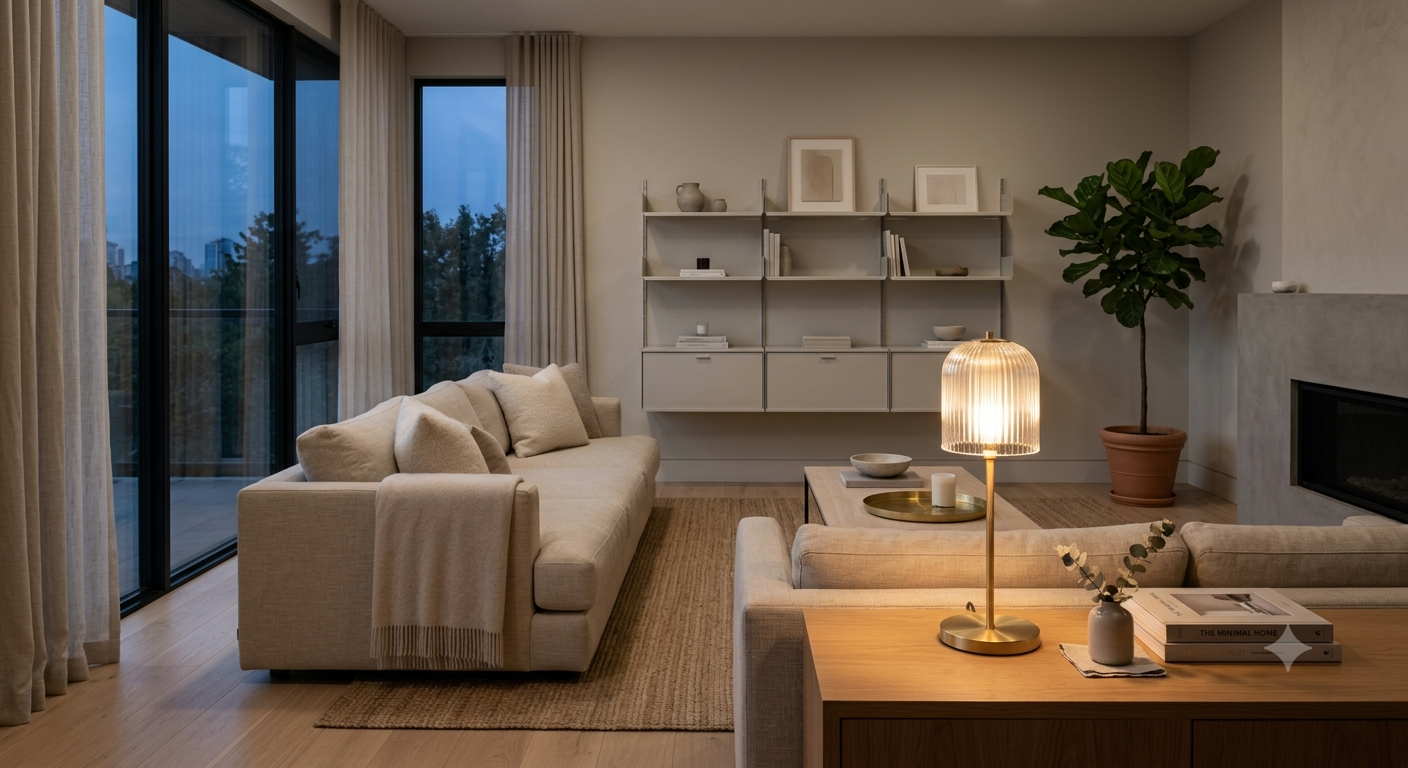 Une lampe de salon au design minimaliste diffuse une lumière chaleureuse dans un intérieur premium. L’image évoque le confort du soir, la lecture et une ambiance apaisante sans effet technique.