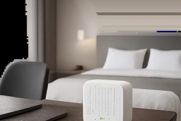 Un capteur CO2 élégant posé dans un intérieur moderne pour illustrer le suivi de la qualité de l’air. L’image évoque un usage discret, fiable et premium dans un bureau ou une chambre.