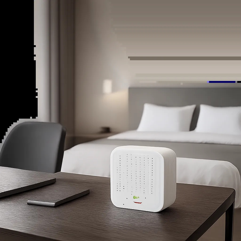 Un capteur CO2 élégant posé dans un intérieur moderne pour illustrer le suivi de la qualité de l’air. L’image évoque un usage discret, fiable et premium dans un bureau ou une chambre.